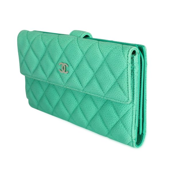 107361 sv Chanel Mint Green Caviar Quilted Long Flap Wallet