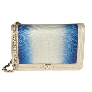 107809 fv Chanel Blue Pewter Lizard Boy Wallet on Chain