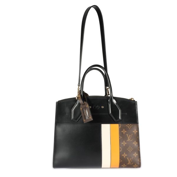 108477 bv Louis Vuitton Black Calfskin Monogram Canvas City Steamer MM Tote