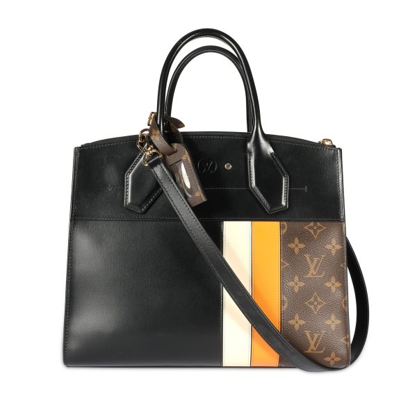 108477 fv Louis Vuitton Black Calfskin Monogram Canvas City Steamer MM Tote