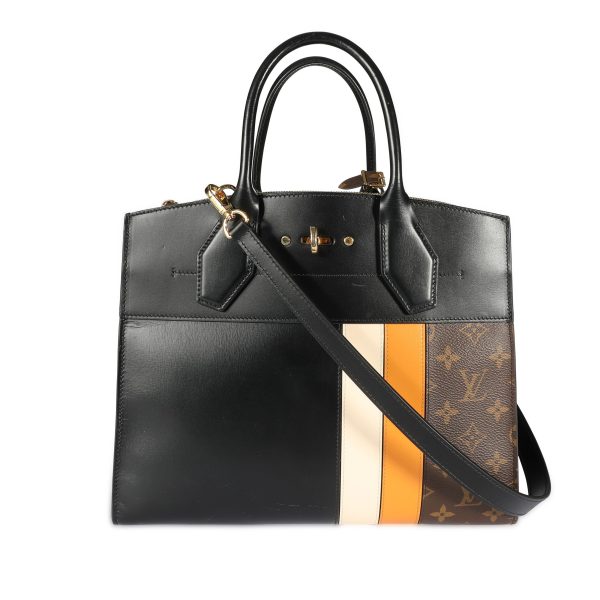 108477 pv Louis Vuitton Black Calfskin Monogram Canvas City Steamer MM Tote