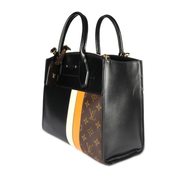 108477 sv Louis Vuitton Black Calfskin Monogram Canvas City Steamer MM Tote