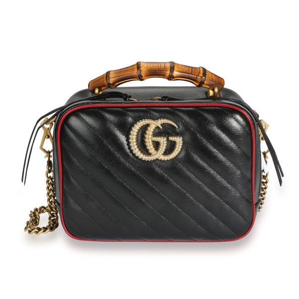 108515 fv Gucci Black Matelassé Leather GG Marmont Bamboo Small Bag