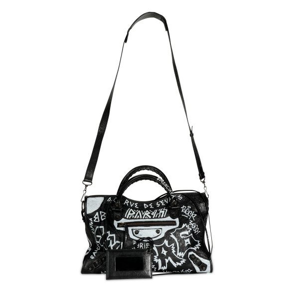 108693 bv Balenciaga Black White Graffiti Leather Classic City Bag