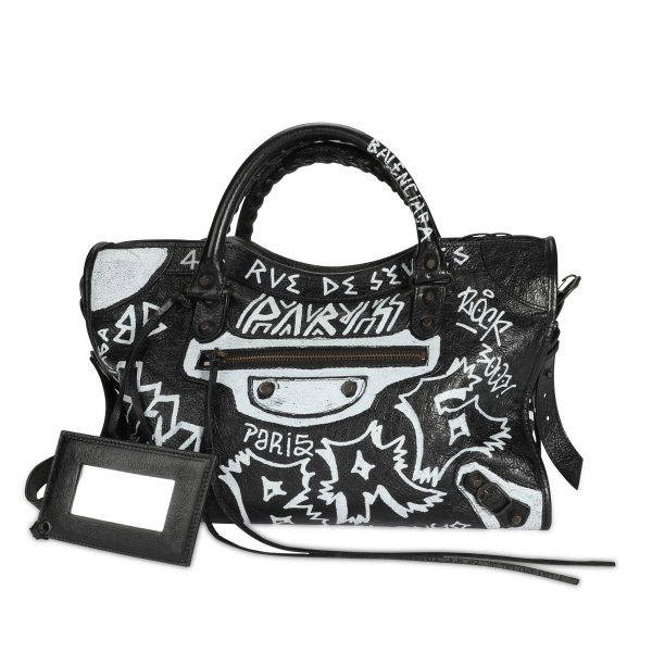 108693 fv Balenciaga Black White Graffiti Leather Classic City Bag