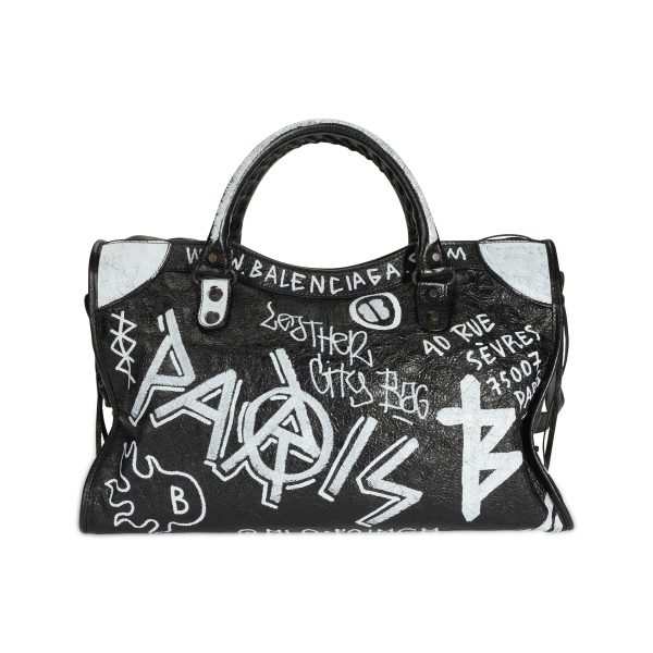 108693 pv Balenciaga Black White Graffiti Leather Classic City Bag