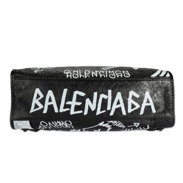 108693 stamp Balenciaga Black White Graffiti Leather Classic City Bag