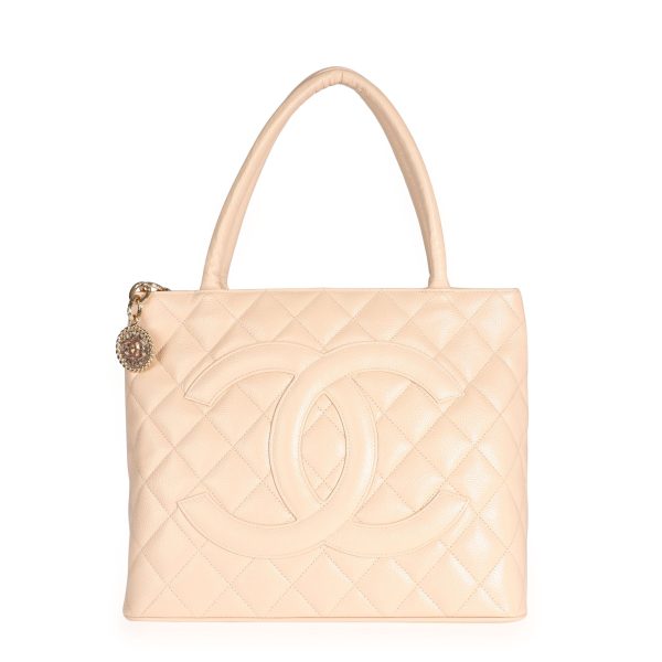 109090 fv Chanel Beige Quilted Caviar Leather Medallion Tote