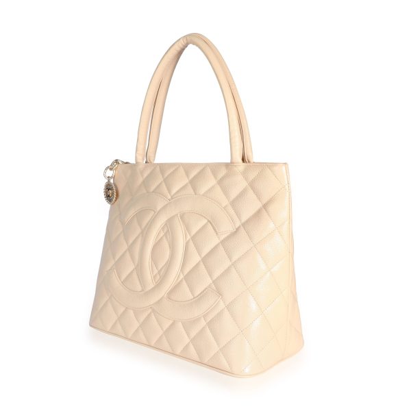 109090 sv Chanel Beige Quilted Caviar Leather Medallion Tote