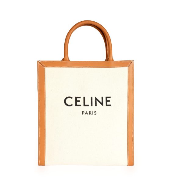 109755 fv Celine Natural Canvas Tan Calfskin Small Vertical Cabas Tote