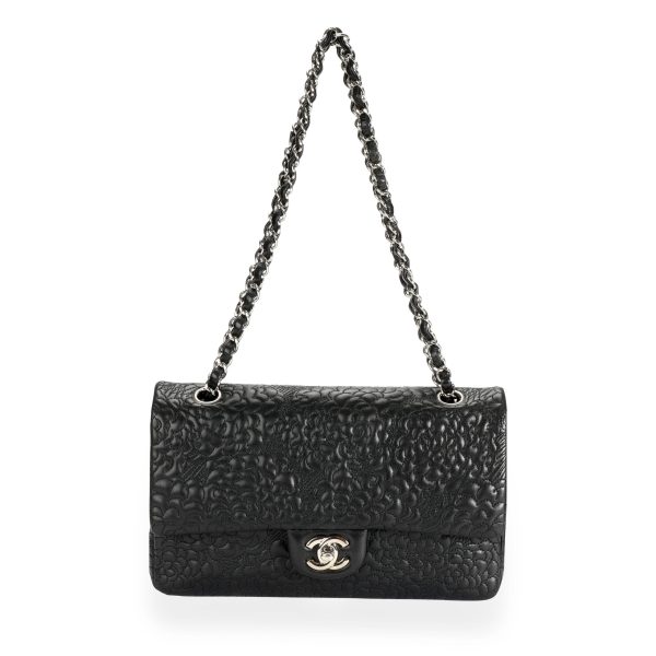 109917 bv Chanel Black Camellia Embossed Lambskin Classic Medium Double Flap Bag