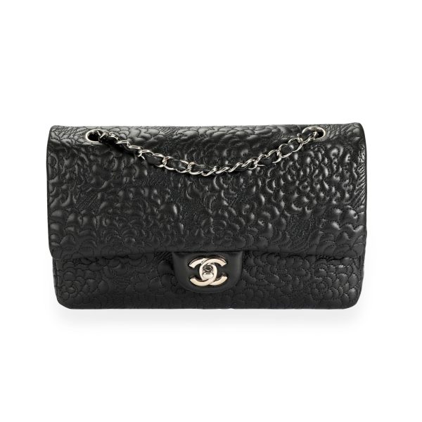 109917 fv Chanel Black Camellia Embossed Lambskin Classic Medium Double Flap Bag