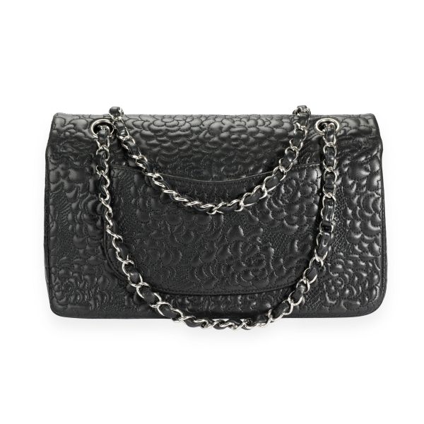 109917 pv Chanel Black Camellia Embossed Lambskin Classic Medium Double Flap Bag