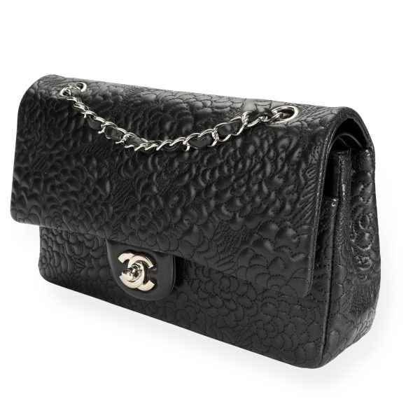 109917 sv Chanel Black Camellia Embossed Lambskin Classic Medium Double Flap Bag