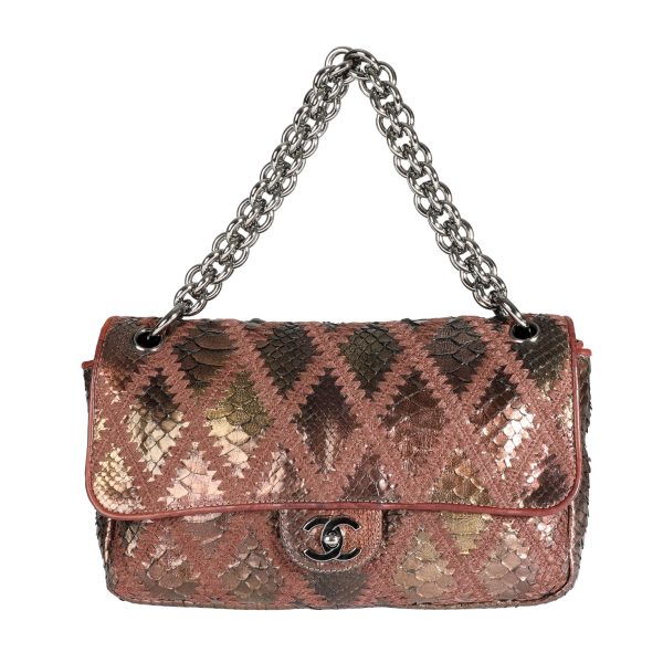 110006 bv 1c72a101 3df8 4617 ab26 44a310c5700d Chanel Bronze Python Crochet Soft Chain Jumbo Flap Bag