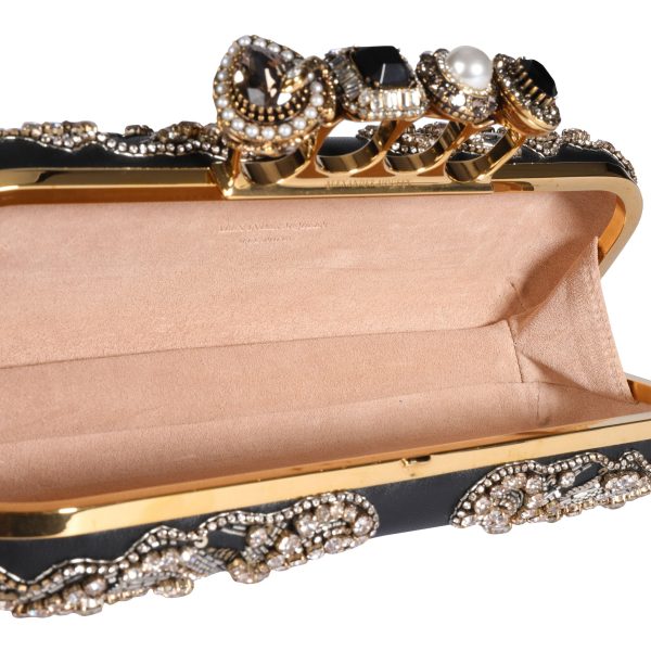 110191 av Alexander McQueen Embellished Black Leather 4 Ring Knucklebox Clutch