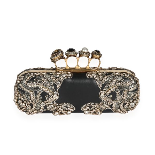 110191 fv Alexander McQueen Embellished Black Leather 4 Ring Knucklebox Clutch