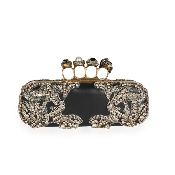 110191 pv Alexander McQueen Embellished Black Leather 4 Ring Knucklebox Clutch