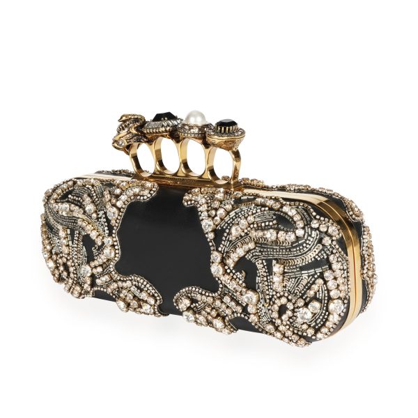 110191 sv Alexander McQueen Embellished Black Leather 4 Ring Knucklebox Clutch