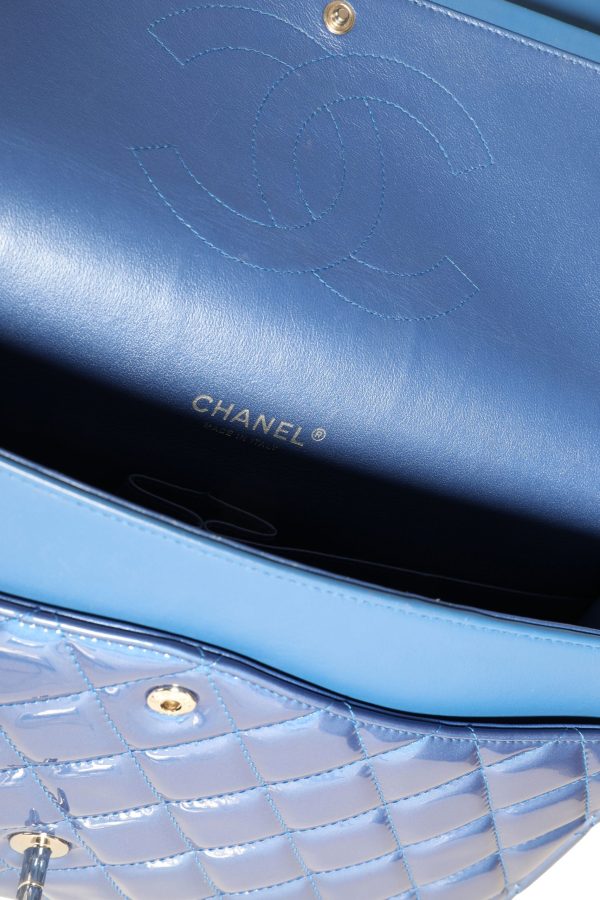 110303 ad2 Chanel Blue Patent Leather Quilted Maxi Classic Double Flap Bag