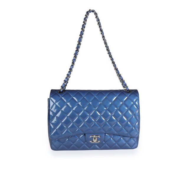 110303 bv Chanel Blue Patent Leather Quilted Maxi Classic Double Flap Bag