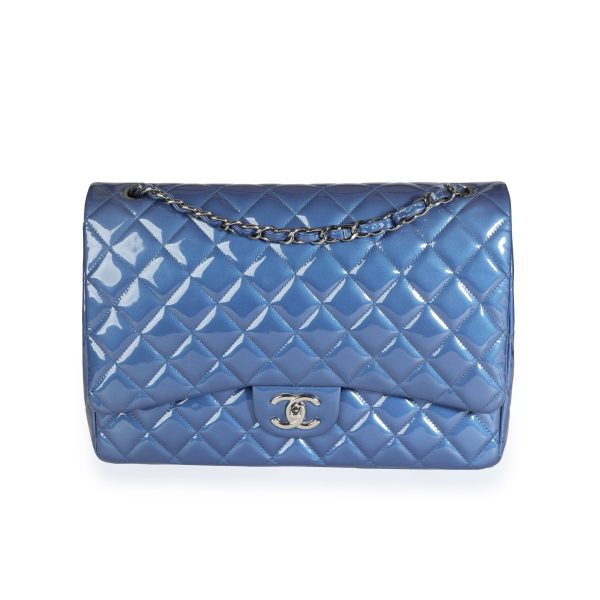 110303 fv Chanel Blue Patent Leather Quilted Maxi Classic Double Flap Bag