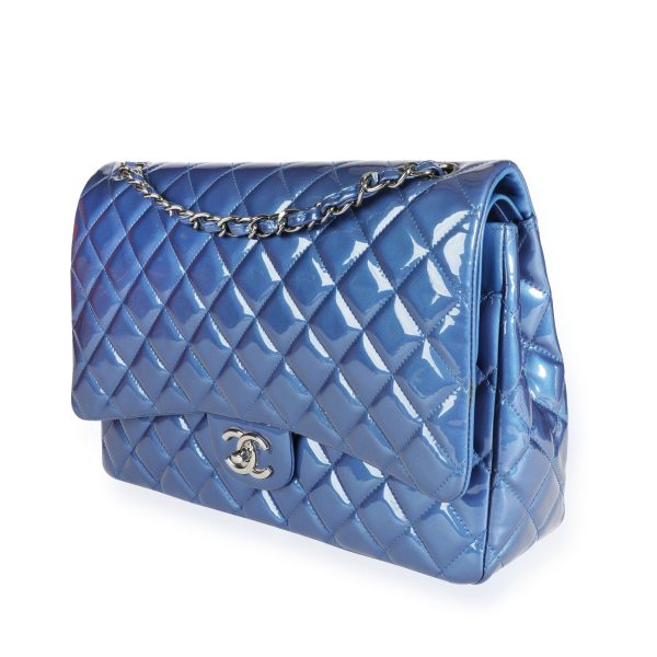 110303 sv Chanel Blue Patent Leather Quilted Maxi Classic Double Flap Bag