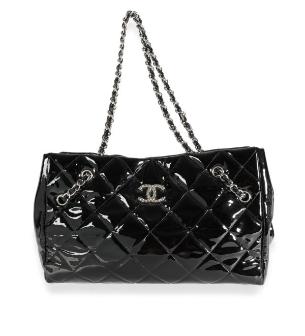 111151 fv Chanel Black Quilted Patent Leather Shopping Tote