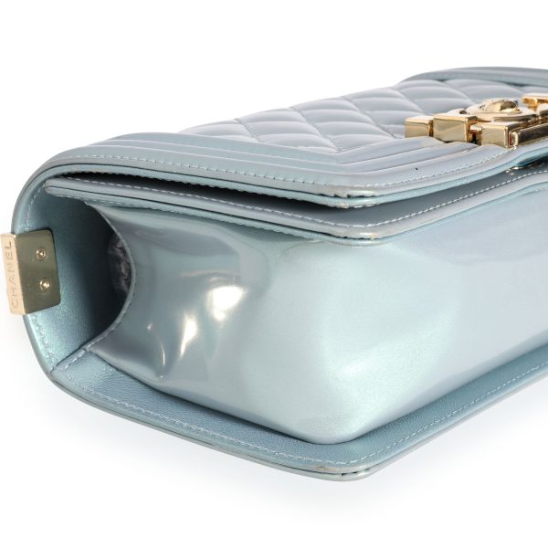 111177 clasp 556e443a 0494 403e a43d bf8fb64bc81e Chanel Iridescent Light Blue Patent Leather Small Boy Bag