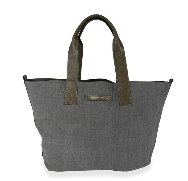 111801 fv Brunello Cucinelli Olive Suede Gray Wool Reversible Tote