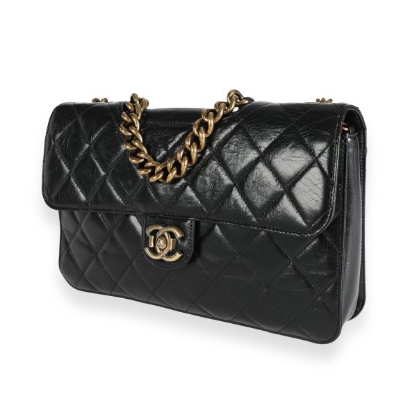 111957 sv Chanel Black Aged Leather Perfect Edge Flap Bag