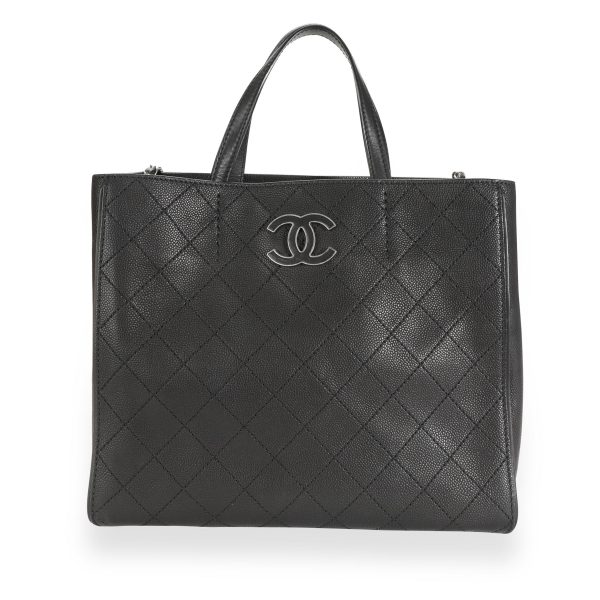 112454 fv Chanel Black Stitched Grained Calfskin Hamptons Tote