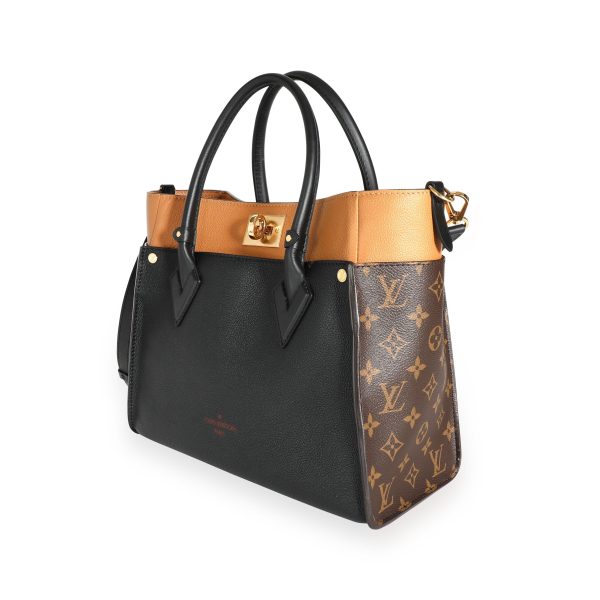 112602 sv Louis Vuitton Black Tan Calfskin And Monogram Canvas On My Side Tote MM