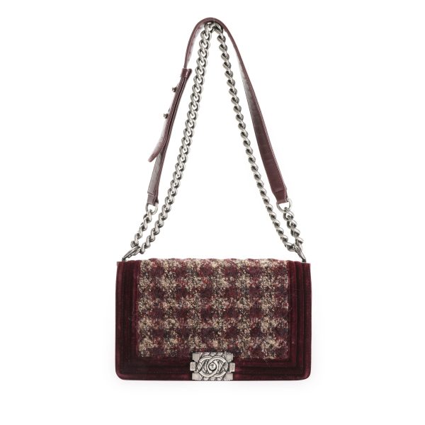 112643 bv Chanel Paris Édimbourg Burgundy Quilted Velvet Tweed Old Medium Boy Bag