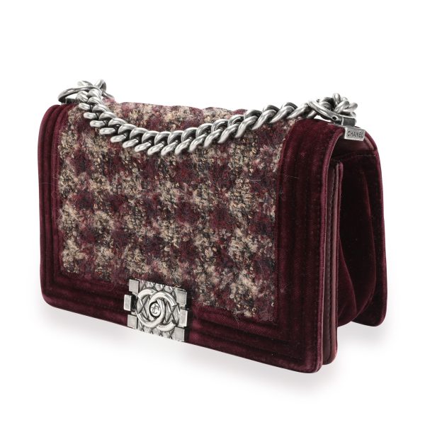 112643 sv Chanel Paris Édimbourg Burgundy Quilted Velvet Tweed Old Medium Boy Bag