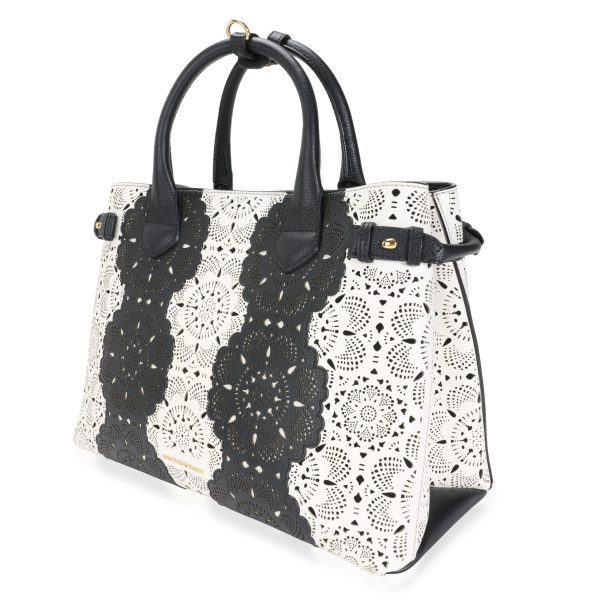 112954 sv 42e84ab5 49e2 46b1 aca5 9145c51e7e05 Burberry Black White Laser Cut Derby Leather Medium Banner Tote