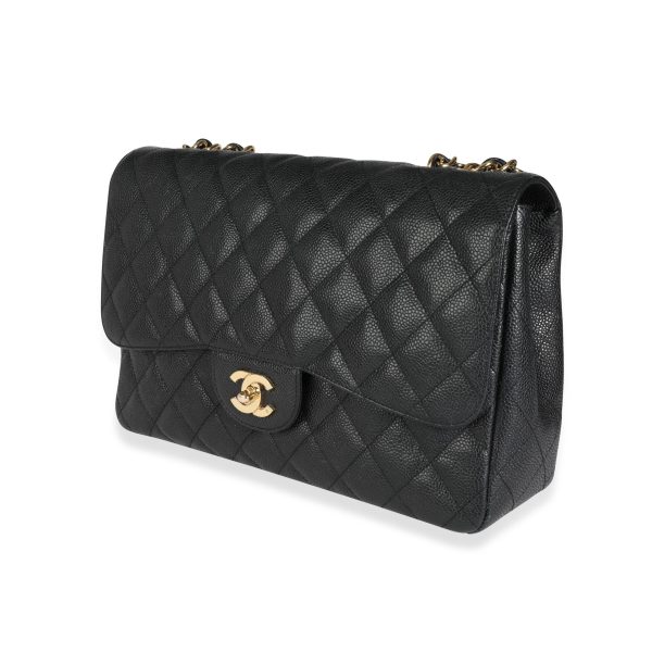 113927 sv Chanel Black Quilted Caviar Jumbo Classic Single Flap Bag