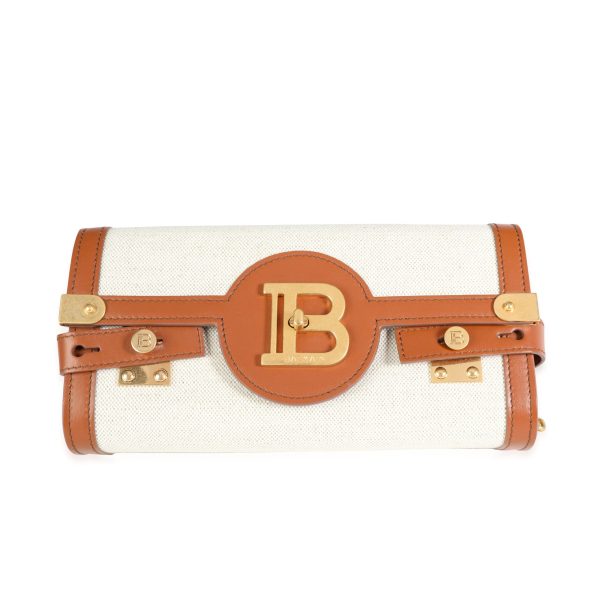 114315 fv ee526fea fd03 4ee6 84c1 c92d22a1d9c1 Balmain Ecru Canvas Brown Leather B Buzz 23 Clutch Bag