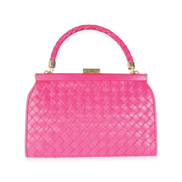 114350 fv Bottega Veneta Vintage Pink Intrecciato Woven Leather Kiss Lock Frame Bag