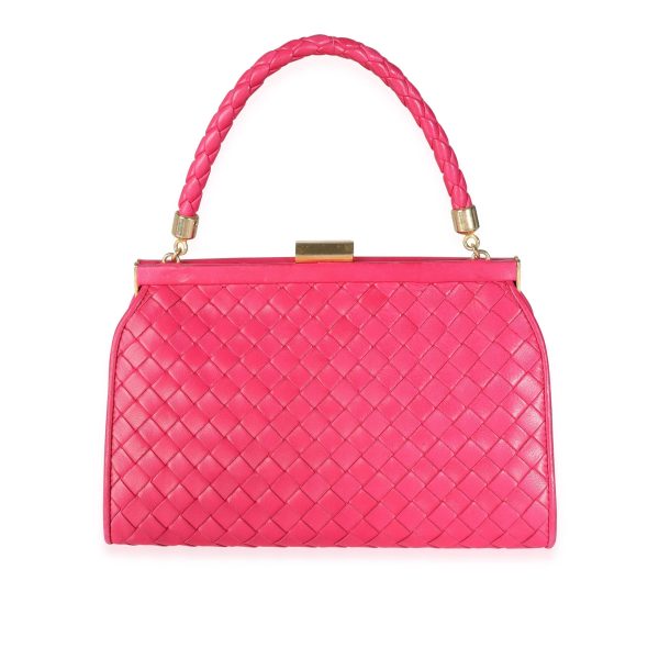 114350 pv Bottega Veneta Vintage Pink Intrecciato Woven Leather Kiss Lock Frame Bag