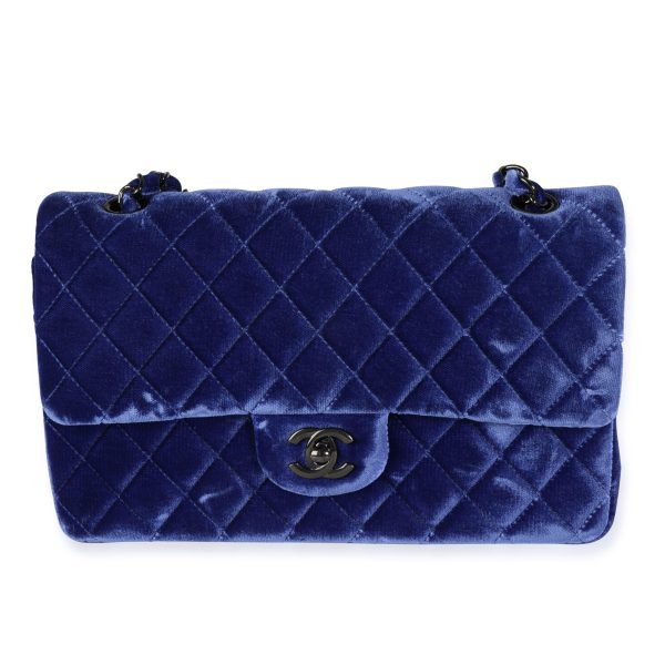 115027 fv Chanel Blue Quilted Velvet Medium Classic Double Flap Bag