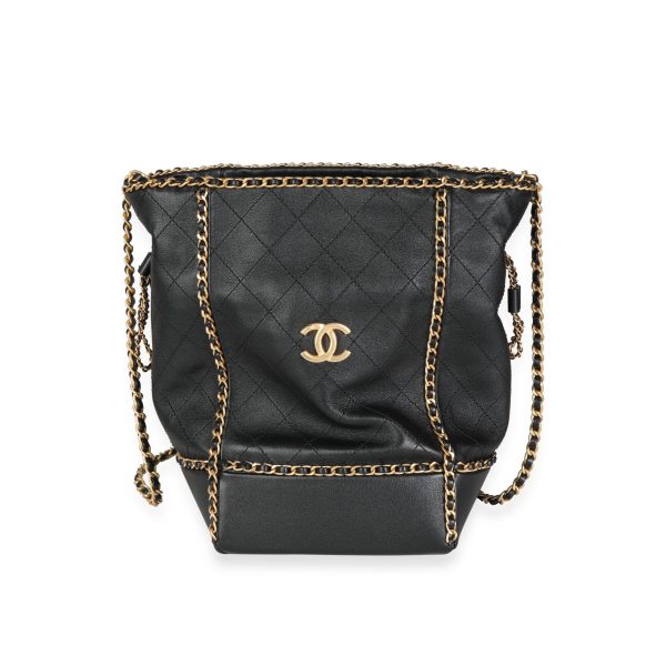 115133 fv Chanel Black Quilted Calfskin Chain Drawstring Bag