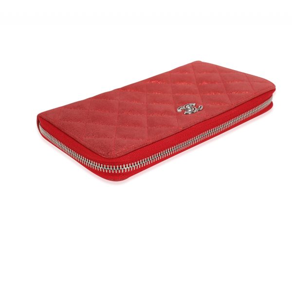 115386 box Chanel Metallic Red Nubuck Quilted L Gusset Zip Around Wallet