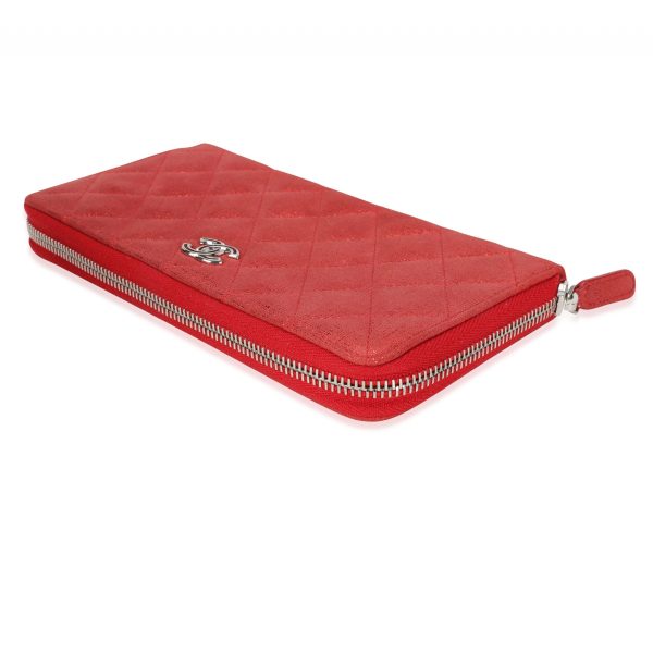 115386 clasp Chanel Metallic Red Nubuck Quilted L Gusset Zip Around Wallet