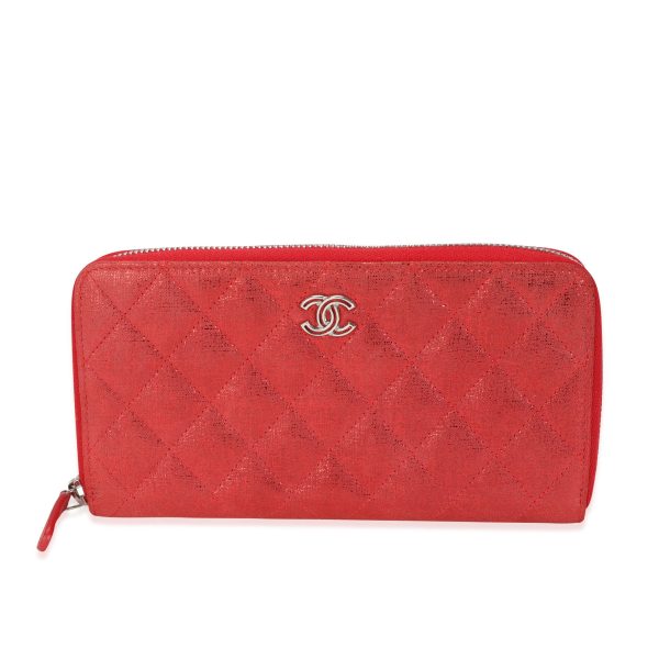 115386 fv Chanel Metallic Red Nubuck Quilted L Gusset Zip Around Wallet