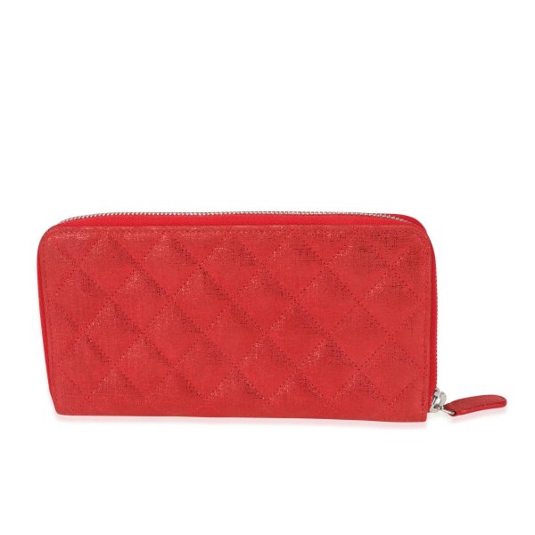 115386 pv Chanel Metallic Red Nubuck Quilted L Gusset Zip Around Wallet