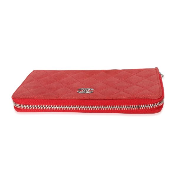 115386 stamp Chanel Metallic Red Nubuck Quilted L Gusset Zip Around Wallet