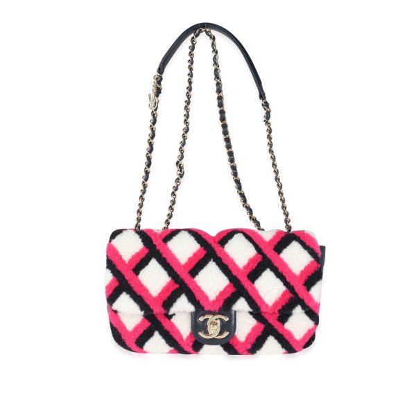 115432 bv Chanel Fuchsia Navy White Shearling and Lambskin Single Flap Bag