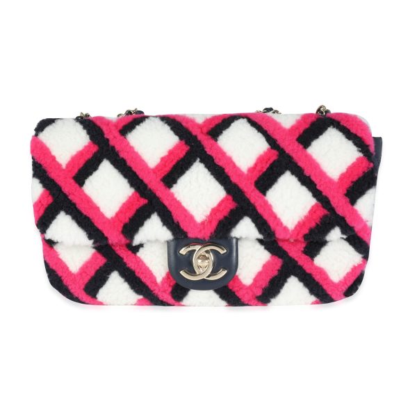 115432 fv Chanel Fuchsia Navy White Shearling and Lambskin Single Flap Bag