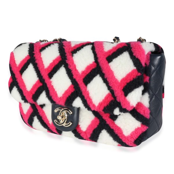 115432 sv Chanel Fuchsia Navy White Shearling and Lambskin Single Flap Bag